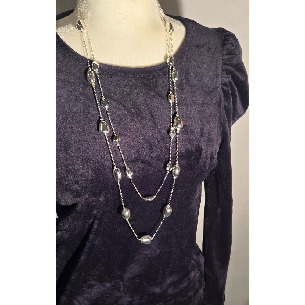 Avon Vintage Necklace Set 2 Long Chains Silver Tone Oval Chunky Beads New